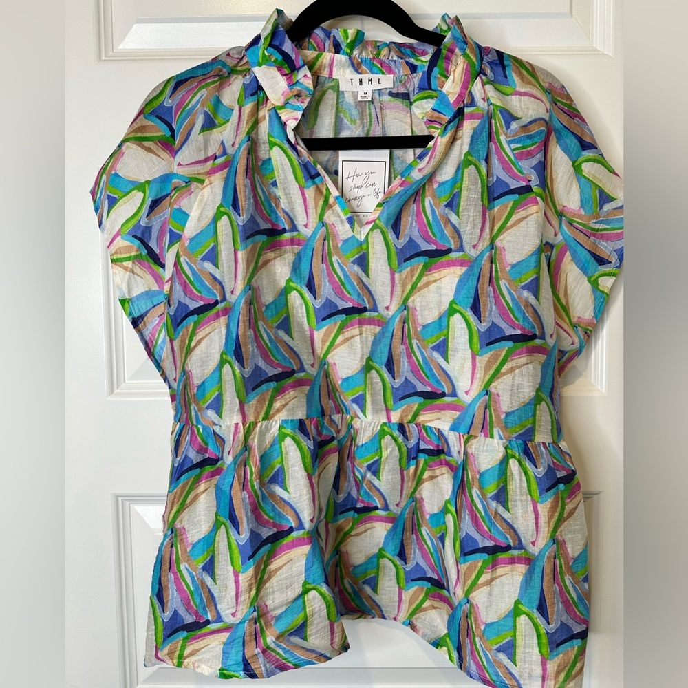 THML Multicolor Abstract Print Peplum Blouse